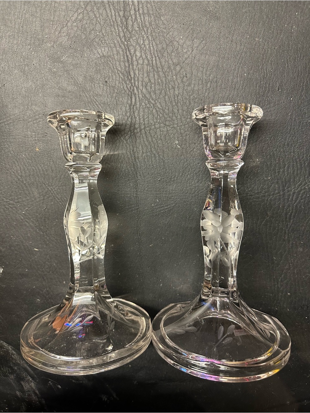 Vintage Duncan Miller Floral Etched Pair of Candlesticks - Picture 2 of 4